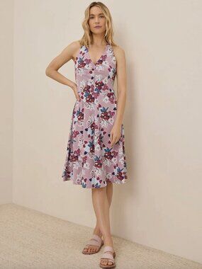 Pact Organic Fit & Flare Gathered Halter Dress Fresh Flora Lavender Haze